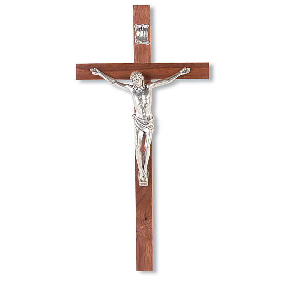 Silver-tone Corpus and Walnut Finish Wall Crucifix - 10 inch