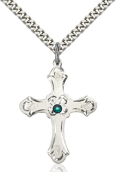 Budded Cross Pendant with Etched Border Birthstone Options