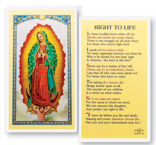 Our Lady of Guadalupe Right to Life Laminated Prayer Card