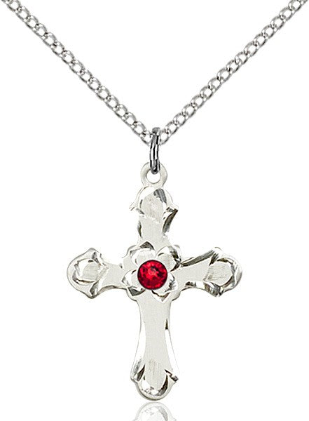 Medium Budded Cross Pendant with Etched Border Birthstone Options