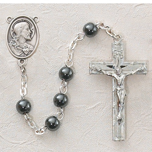 Hematite First Communion Sacred Heart Rosary - Rhodium