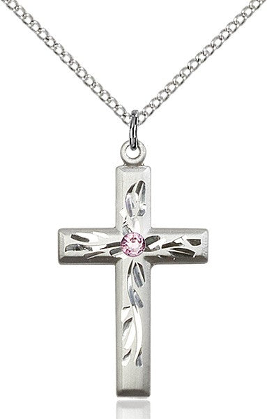 Squared Edge Cross with Vine Etching with Birthstone Options