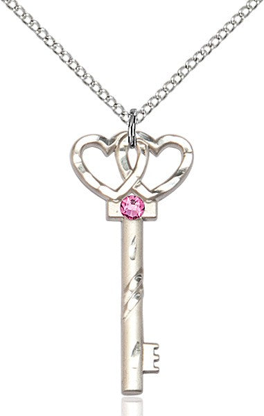 Small Key with Double Heart Pendant in Sterling Silver and Birthstone