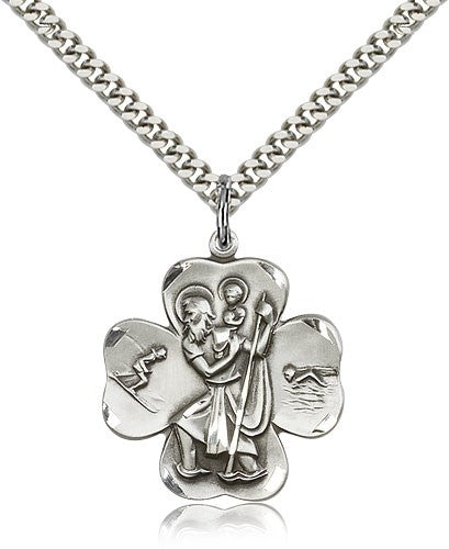 Swimmer Skier St. Christopher Clover Necklace