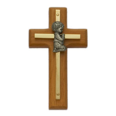 Wood & Brass Praying Boy Baby Cross 4'H