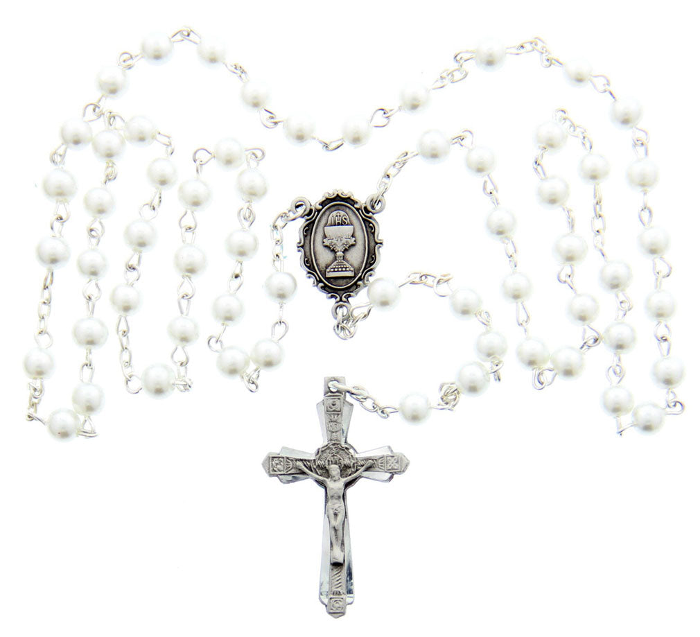 First Communion White Pearl Rosary with Chalice Centerpiece