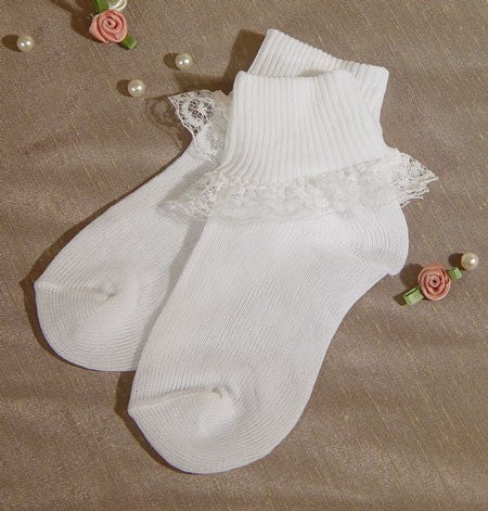 White Nylon Anklet Baptism Socks with Lace for Girls