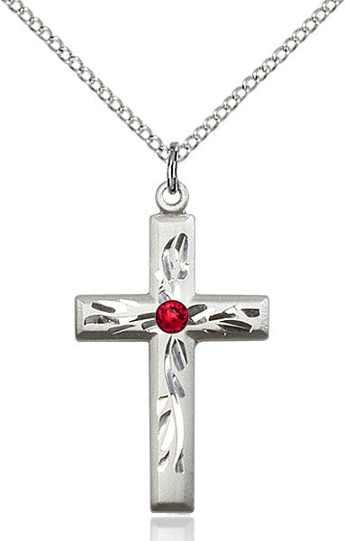 Squared Edge Cross with Vine Etching with Birthstone Options