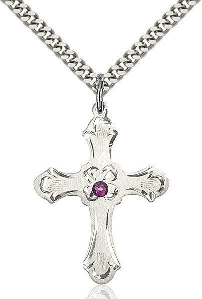Budded Cross Pendant with Etched Border Birthstone Options
