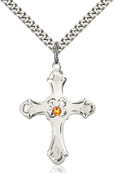 Budded Cross Pendant with Etched Border Birthstone Options