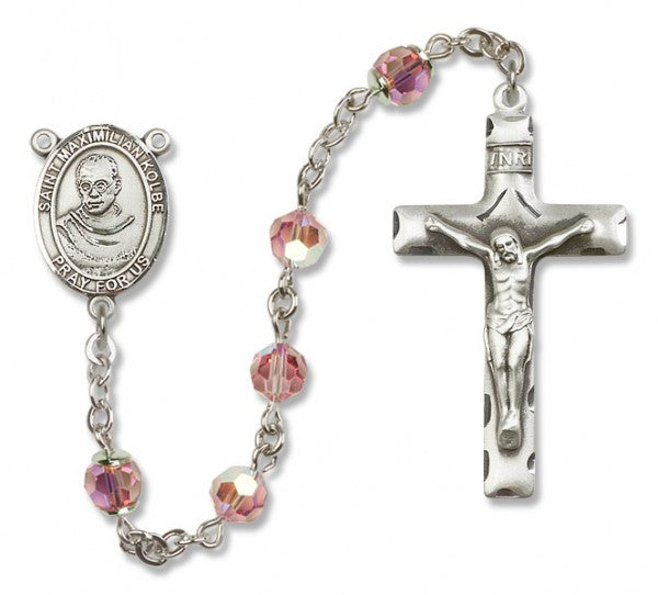 St. Maximilian Kolbe Sterling Silver Heirloom Rosary Squared Crucifix