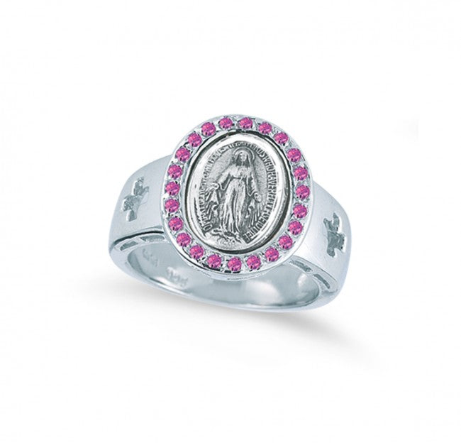 Pink Crystal Miraculous Medal Ring Sterling Silver for Women