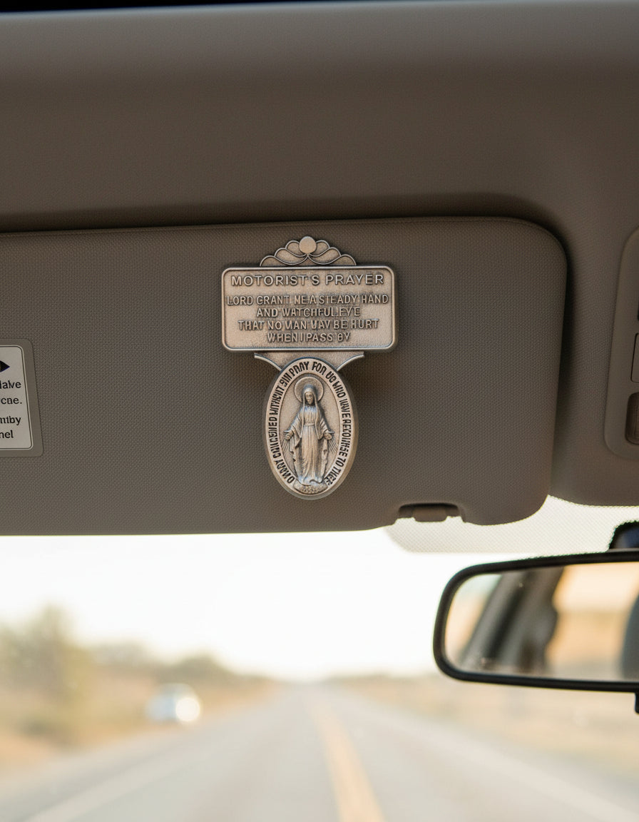 Miraculous Medal Visor Clip, Pewter - 2 1/2" H