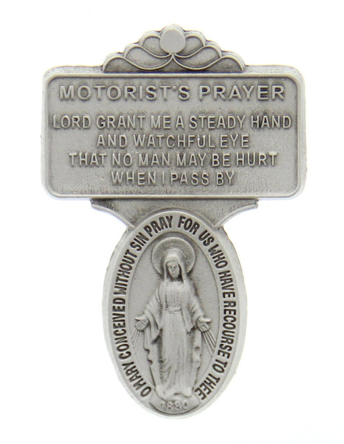 Miraculous Medal Visor Clip, Pewter - 2 1/2" H