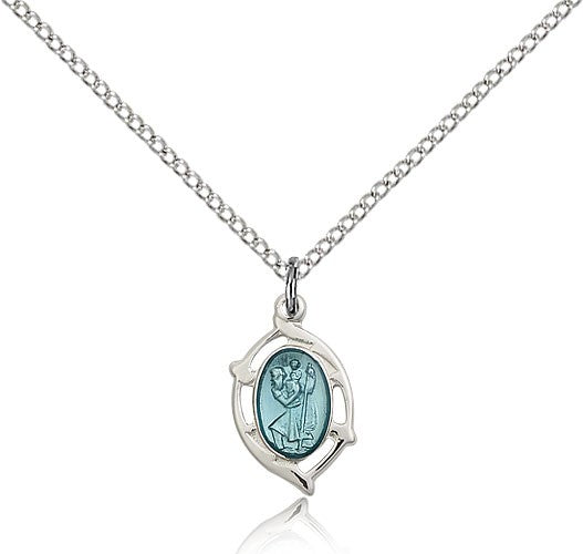 Open-Cut Oval with Blue Enamel Women's St. Christopher Necklace