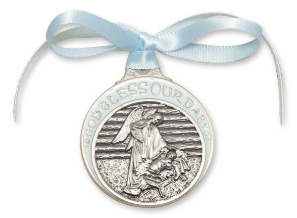 Blue Ribbon Angel in Manger Crib Medal in Pewter for Boys
