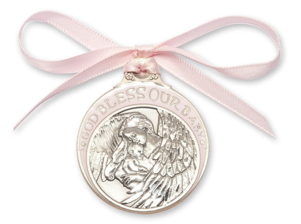 Pink Ribbon Guardian Angel Crib Medal in Pewter for Girls