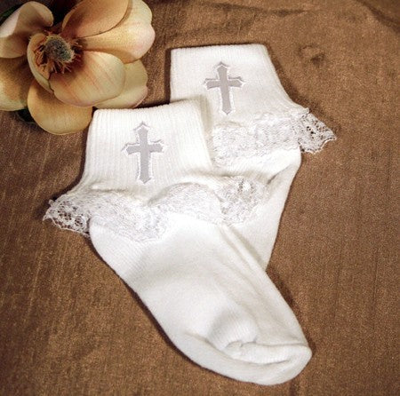 Anklet Baptism Socks with Embroidered Cross for Girls