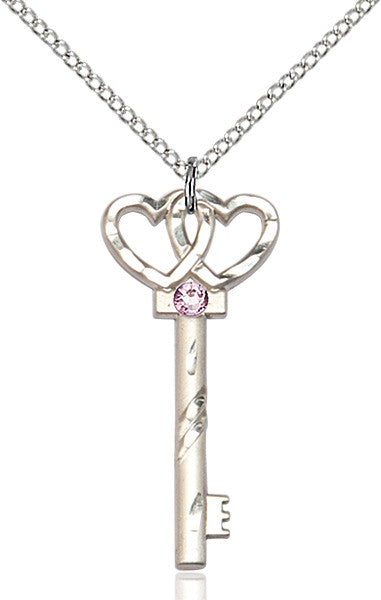 Small Key with Double Heart Pendant in Sterling Silver and Birthstone