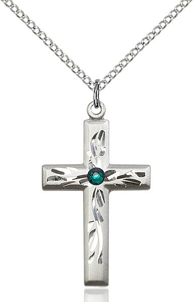 Squared Edge Cross with Vine Etching with Birthstone Options