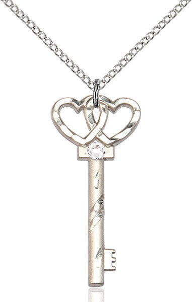 Small Key with Double Heart Pendant in Sterling Silver and Birthstone