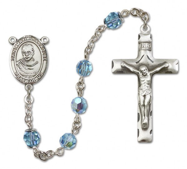 St. Maximilian Kolbe Sterling Silver Heirloom Rosary Squared Crucifix