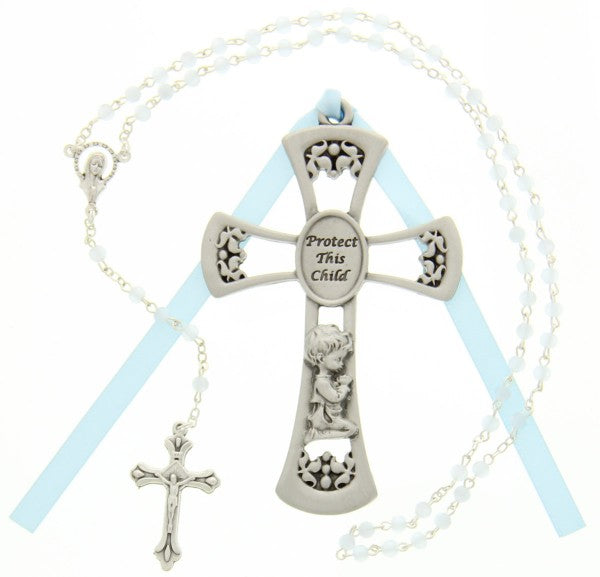 Protect This Child Cross with Baby Rosary Set - Boy
