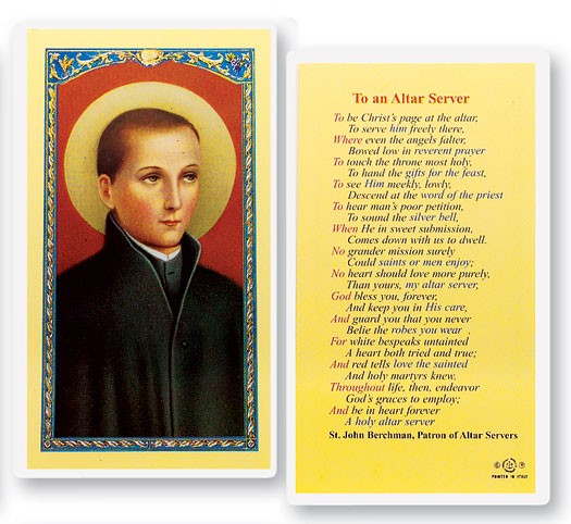 To An Altar Server J. Berchman Laminated Prayer Card