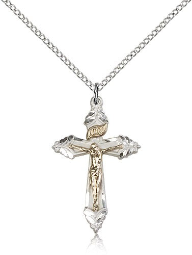 Women's Leaf Etched Crucifix Medal Two-Tone