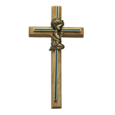 Blue Enamel Oak Wood Praying Boy Baby Cross - 8'H
