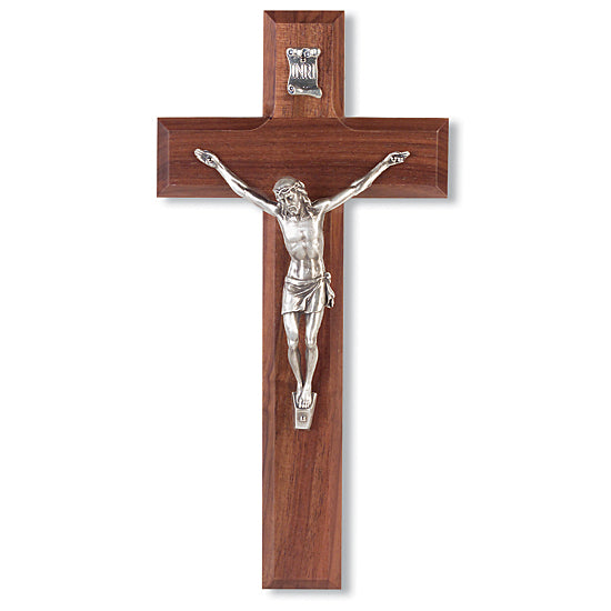 Wide Crossbar Walnut Wall Crucifix Silver-tone Corpus - 10 inch