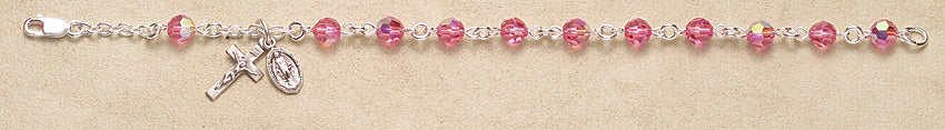 Rosary Bracelet - Sterling Silver with Pink Swarovski Beads