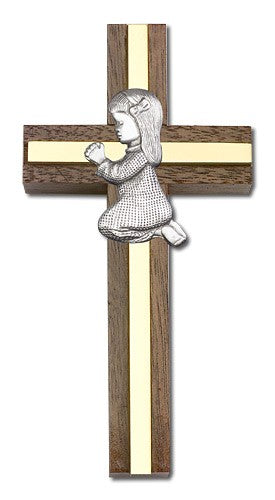 Praying Girl Cross in Walnut 4" with Metal Inlay