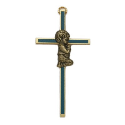 Blue Enamel Brass Praying Boy Baby Cross - 4'H