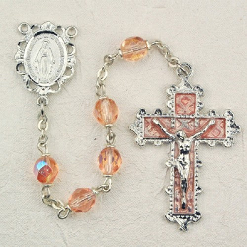 October Birthstone Rosary (Rose) - Rhodium Plated