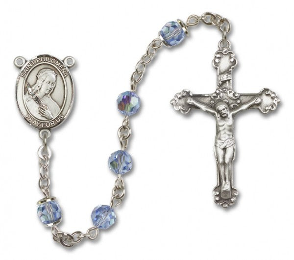 St. Philomena Sterling Silver Heirloom Rosary Fancy Crucifix