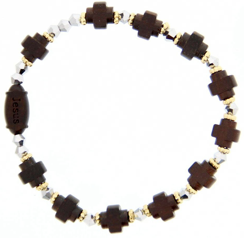 Jujube Wood Cross Bead Rosary Bracelet - 8mm