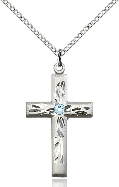 Squared Edge Cross with Vine Etching with Birthstone Options