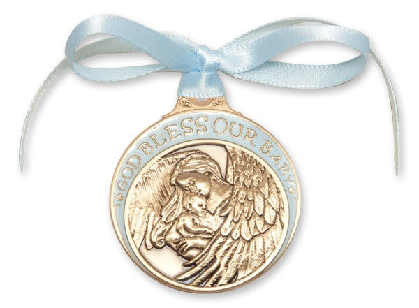 Blue Ribbon Guardian Angel Crib Medal in Brass for Boys