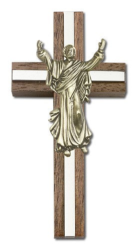 Risen Christ Wall Cross in Walnut and Metal Inlay 4"
