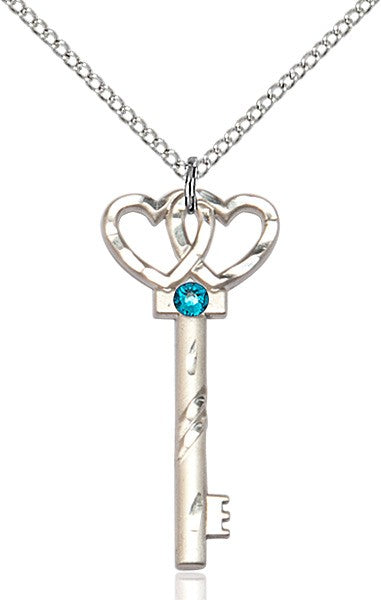 Small Key with Double Heart Pendant in Sterling Silver and Birthstone