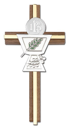First Communion Chalice and Holy Host Wall Cross in Walnut Wood and Metal Inlay - 6 inch