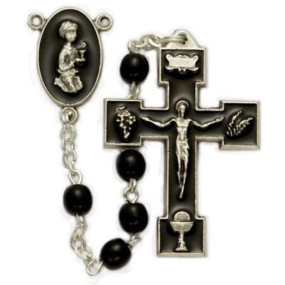 First Communion Black Rosary with Praying Boy Centerpiece