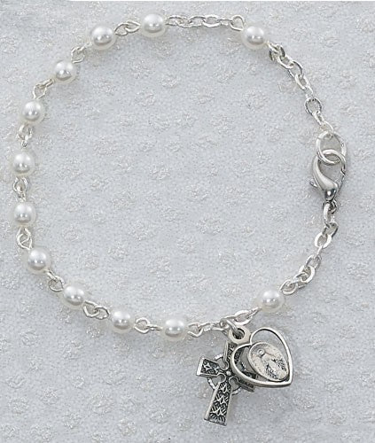 Irish First Communion Faux Pearl Bracelet with Miraculous and Celtic Cross Charm