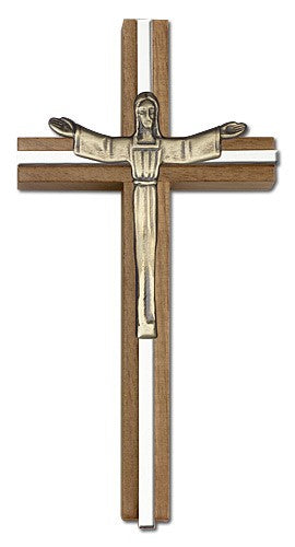 Contemporary Risen Christ Wall Cross in Walnut and Metal Inlay 6"