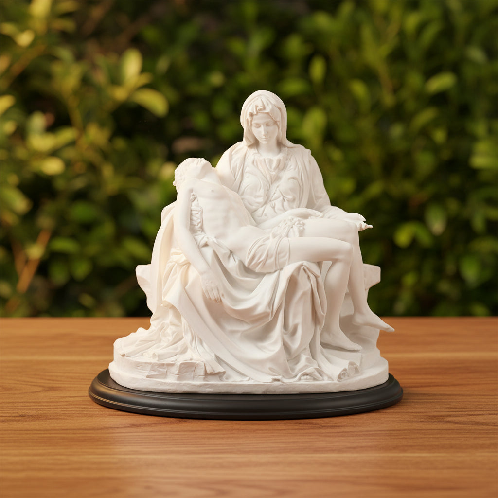 Pietà Statue – 10.5” | White Resin on Black Base