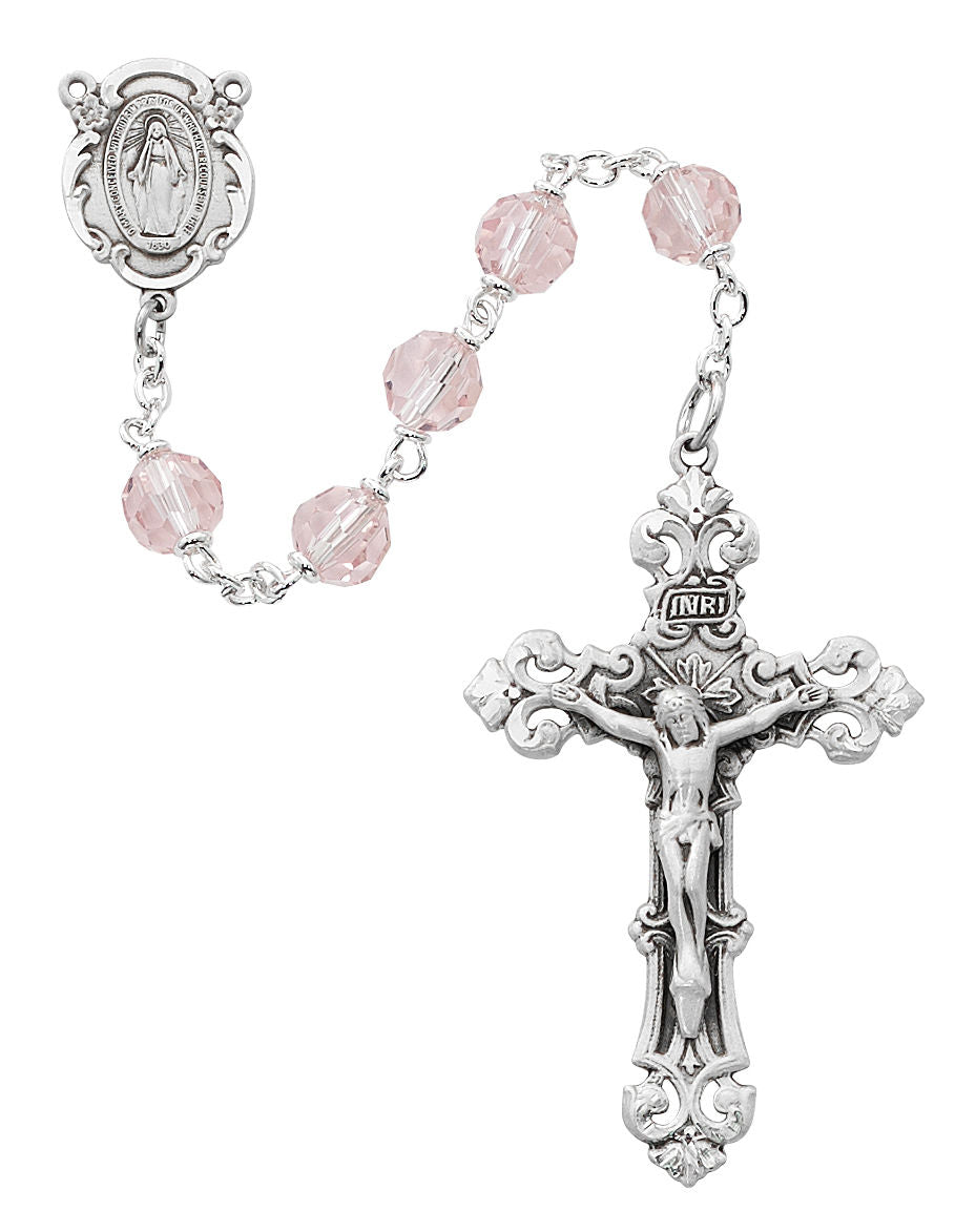 Pink Tin Cut Rosary with Fancy Crucifix