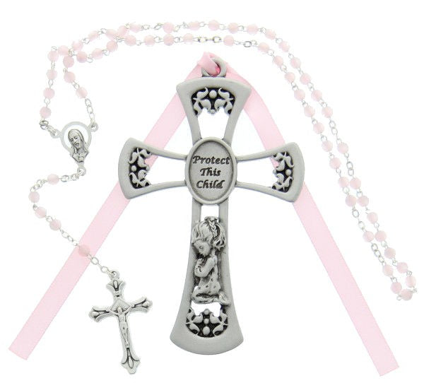 Protect This Child Cross with Baby Rosary Set - Girl