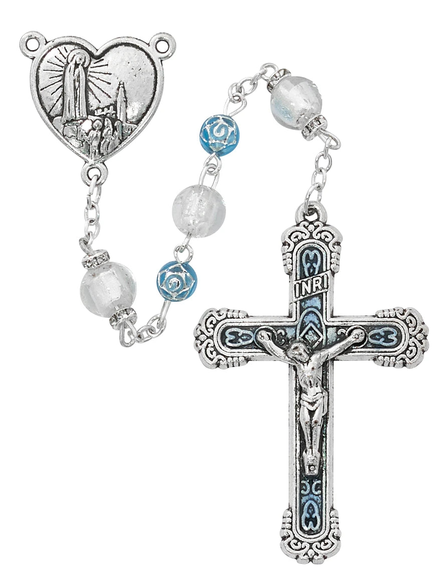 Our Lady of Fatima Rosary, Aqua & White Venetian Glass