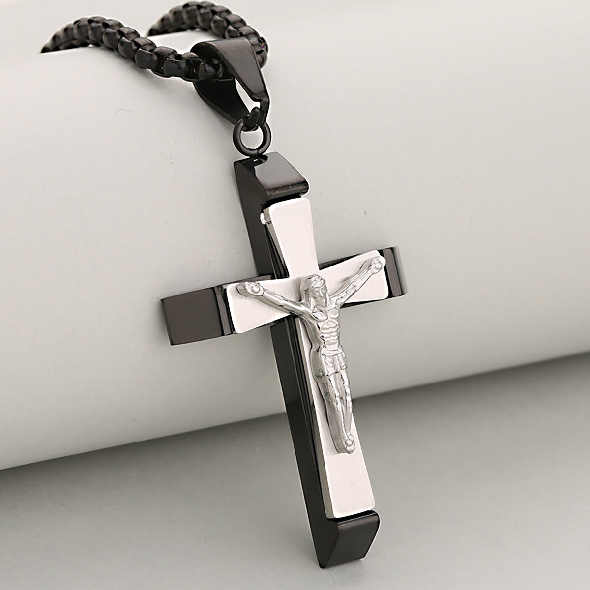 Titanium Steel Two-Tone Crucifix Necklace with Black Chain
